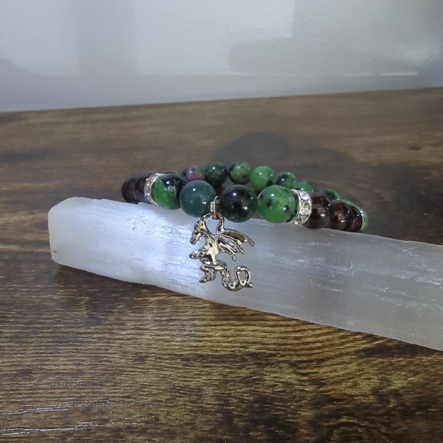 Ruby Zoisite and Garnet with Dragon Charm Bracelet