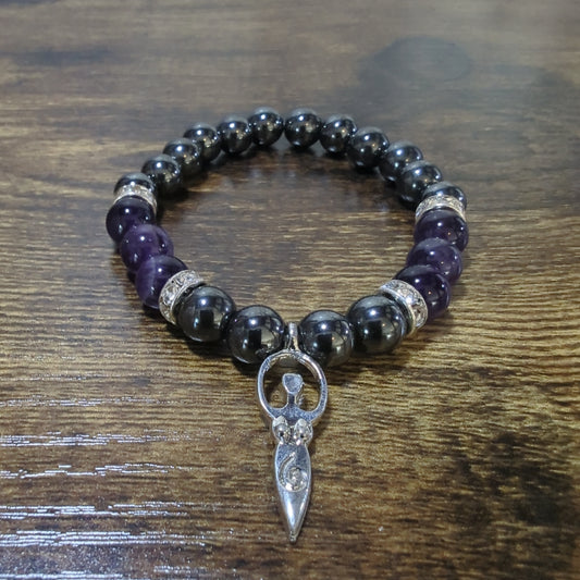 Amethyst Crystal- Hematite Goddess Charm Bracelet
