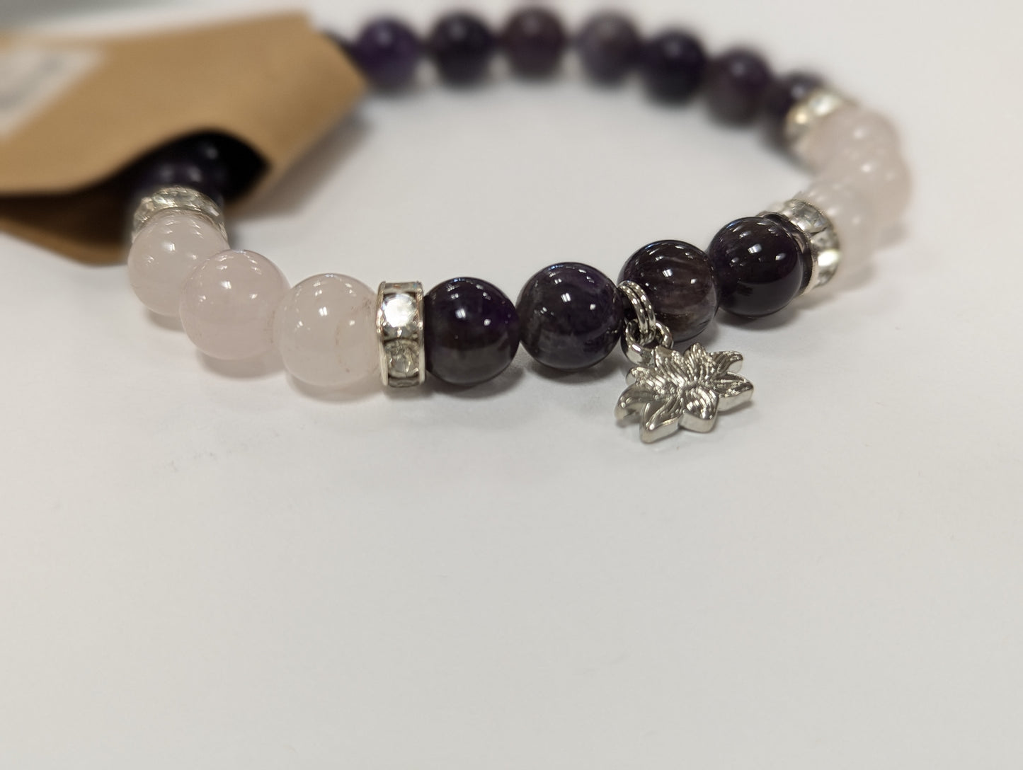 Amethyst Crystal  Rose Quartz  Lotus 8mm, Charm Bracelet